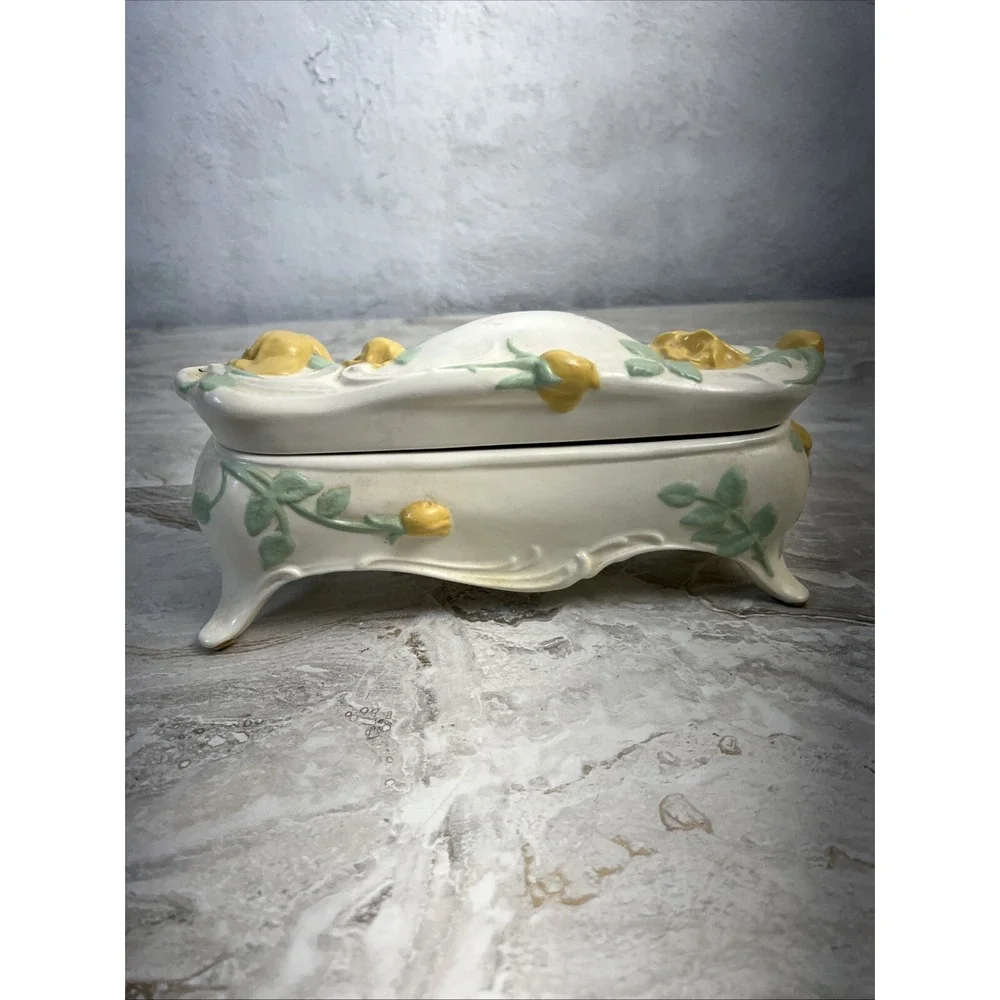Antique Victorian Porcelain Yellow Rose Jewelry/Trinket Storage Box